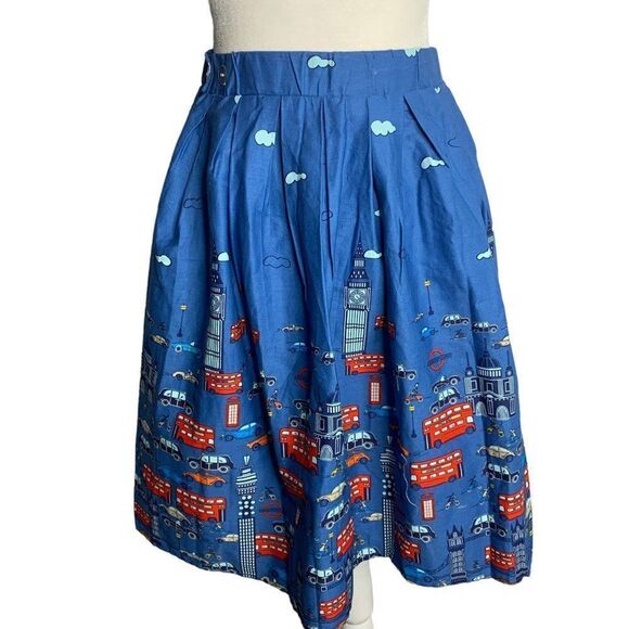 Retro London Pleated Swing Skirt S Blue Elastic Waist Pockets Knee Length Pinup - Picture 5 of 7